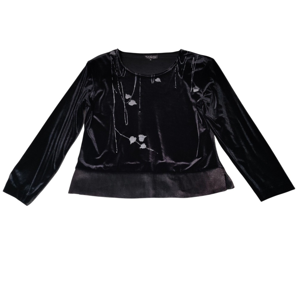 K D Spring L/S Top Round Neckline Black with leaf accents Velvet Size S USA